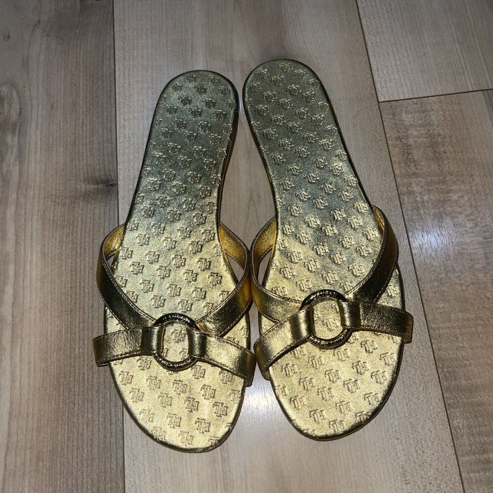 LAUREN RALPH Lauren Emmy Leather Slide‎ Sandal Polo Gold Size 7.5B